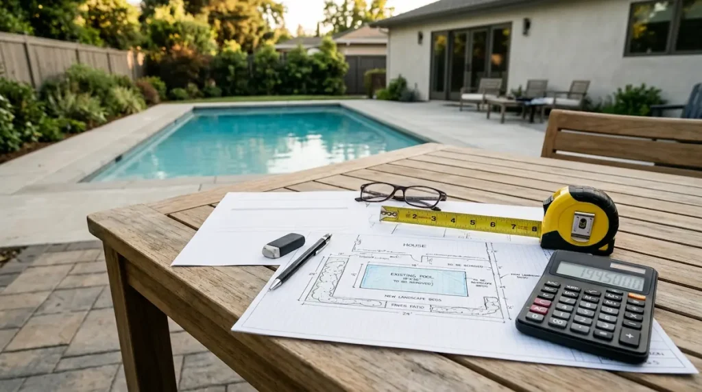 Pool removal cost breakdown with a calculator, quote papers, and backyard pool plans.