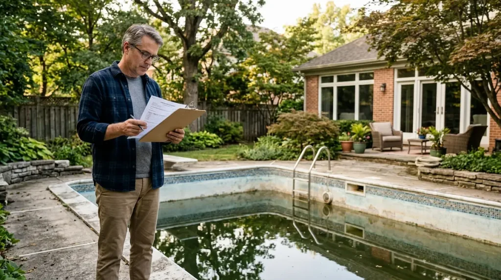 Homeowner reviewing a pool removal cost quote beside an old backyard pool.