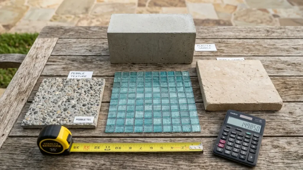 Pool renovation cost breakdown with pool finish samples and budgeting notes