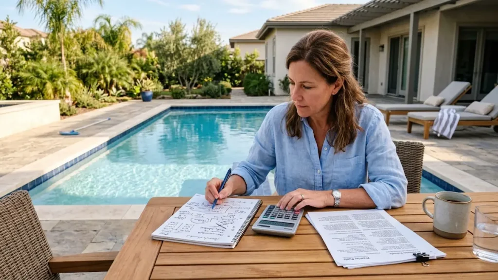 Homeowner reviewing pool renovation cost notes beside a backyard swimming pool