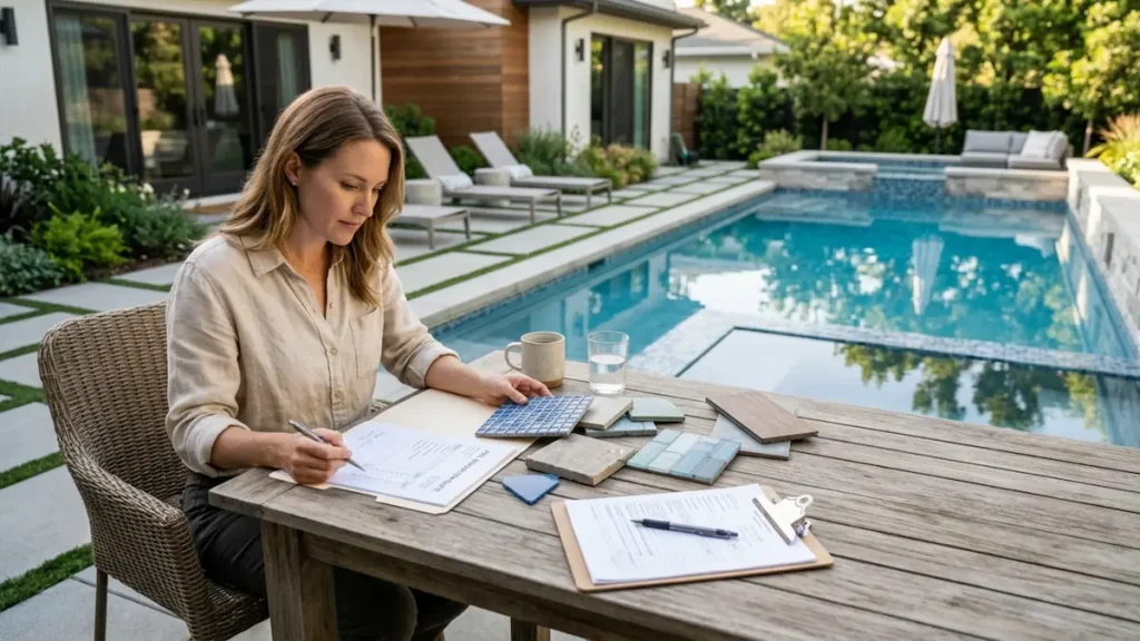 Homeowner comparing pool renovation cost quote with backyard pool remodel options