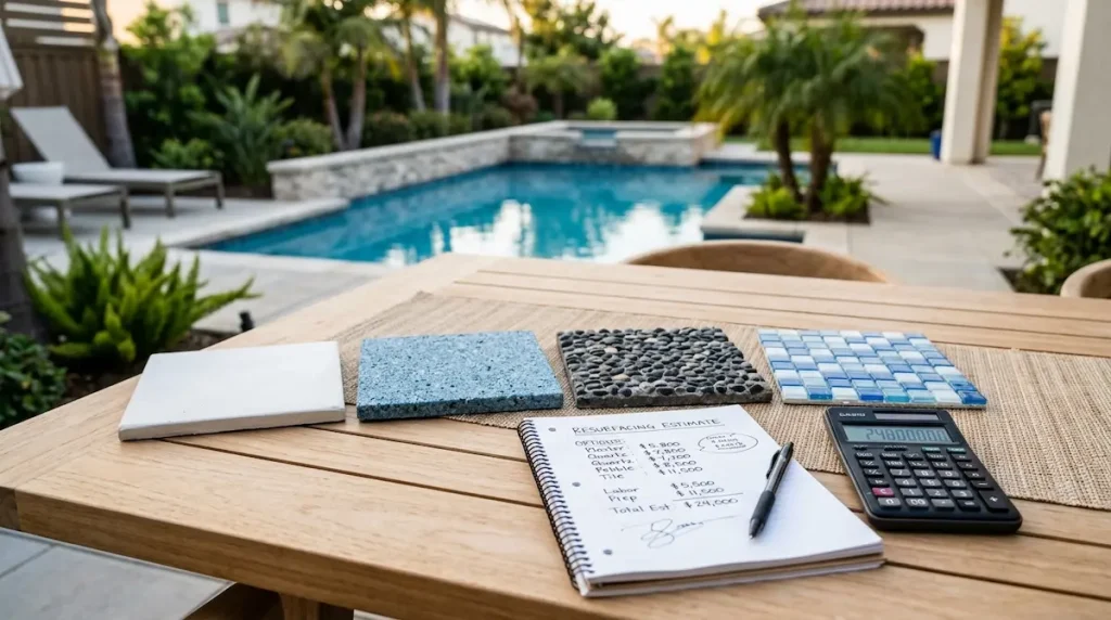 Pool resurfacing cost breakdown with finish samples and budgeting notes