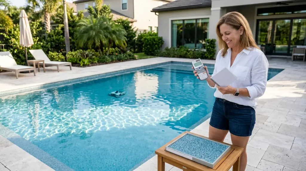 Homeowner reviewing pool resurfacing cost notes beside a backyard pool