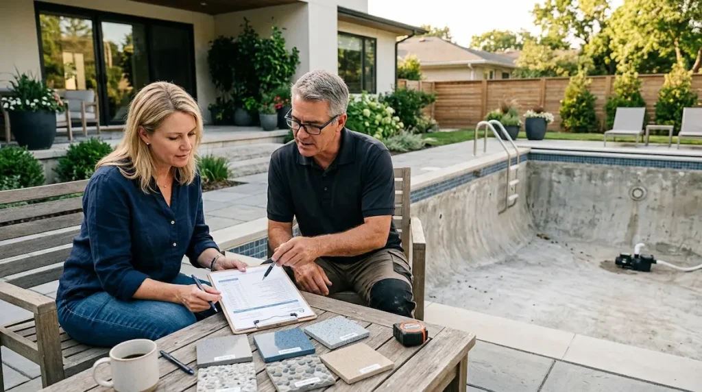 Homeowner reviewing a pool resurfacing quote with finish samples