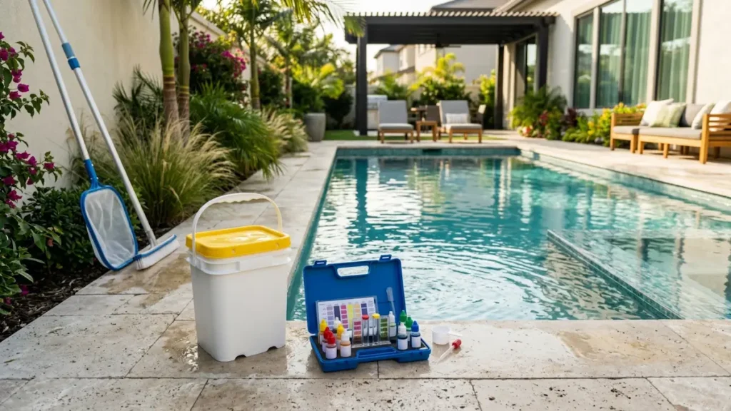 Pool stabilizer container and water test kit beside a residential swimming pool