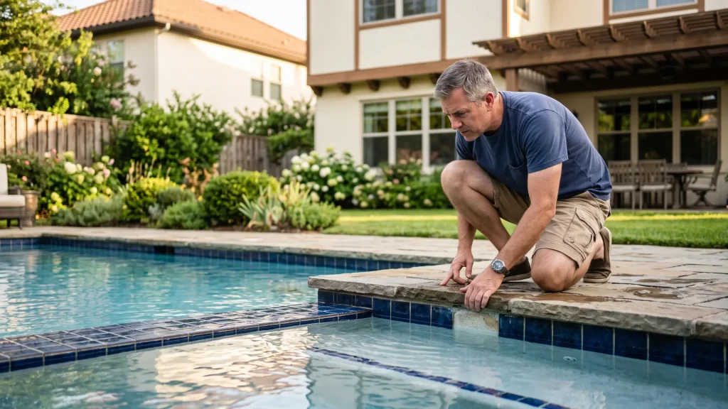 Homeowner inspecting backyard pool plaster and tile for etching and scale