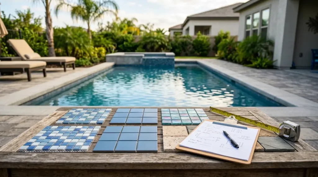Pool tile replacement cost breakdown with tile samples and budgeting notes