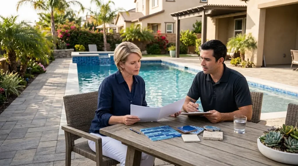 Homeowner reviewing a pool tile replacement cost quote with tile samples