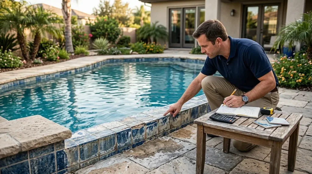Pool waterline tile replacement cost planning beside a residential backyard pool