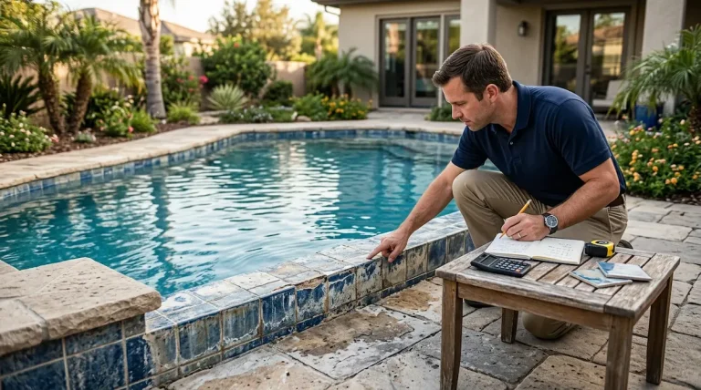 Pool waterline tile replacement cost planning beside a residential backyard pool