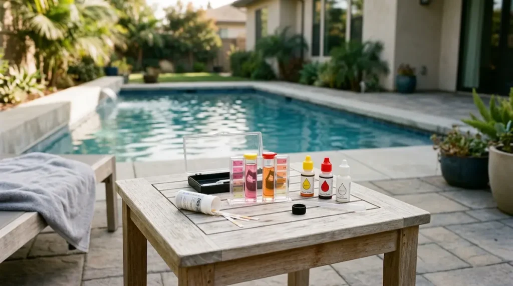 Pool water test kit and sample vial used for checking chlorine and pH.