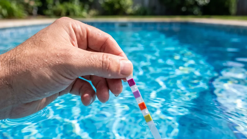 Close-up of a pool test strip held against clear backyard pool water