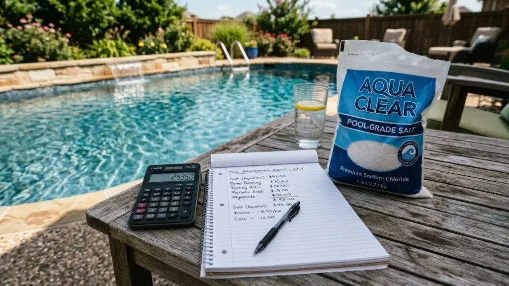 Calculator and notepad budgeting saltwater pool care costs beside a backyard pool