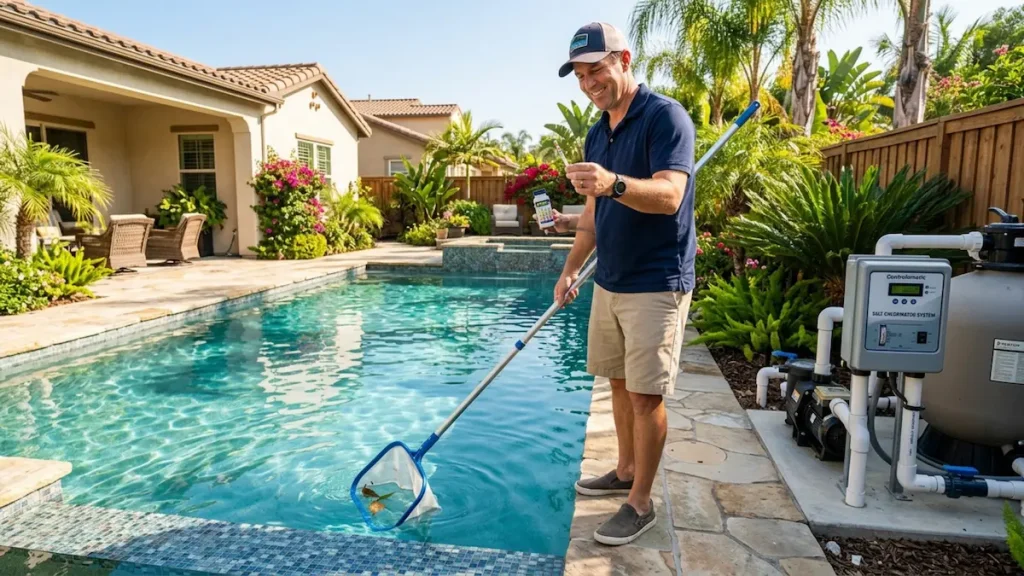 Homeowner testing and skimming a backyard saltwater pool during weekly care