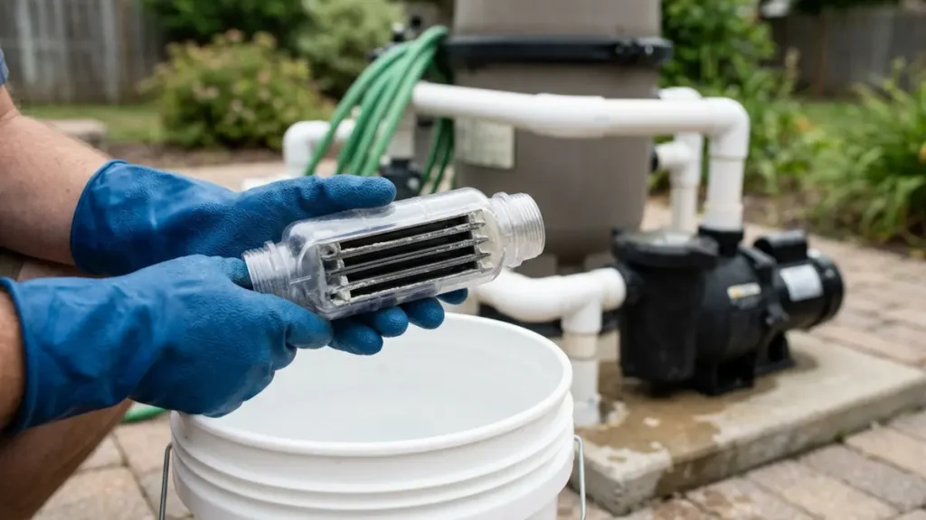 Pool salt cell removed for cleaning with light calcium scale on the plates