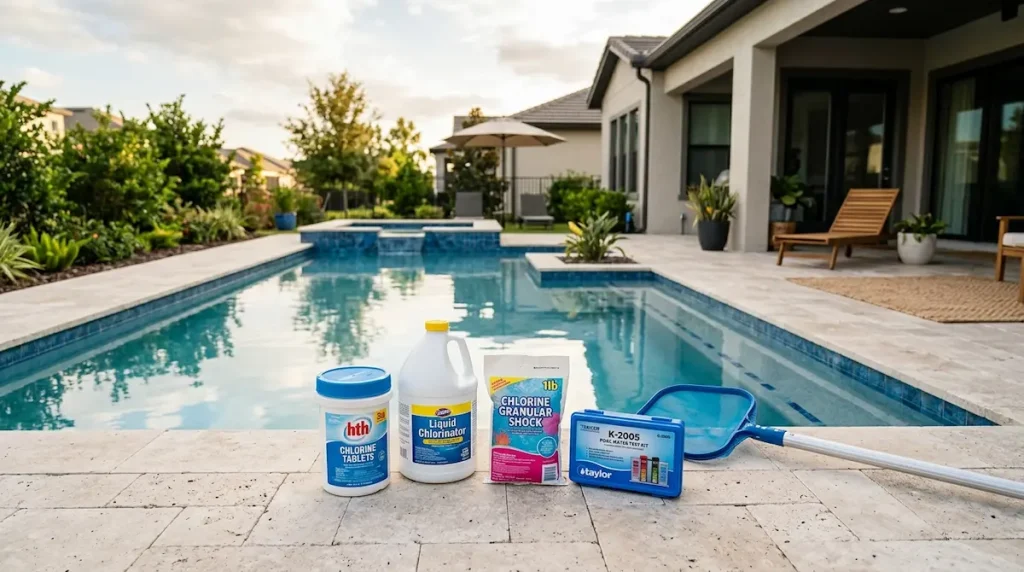 Different types of pool chlorine products arranged beside a clean backyard pool.