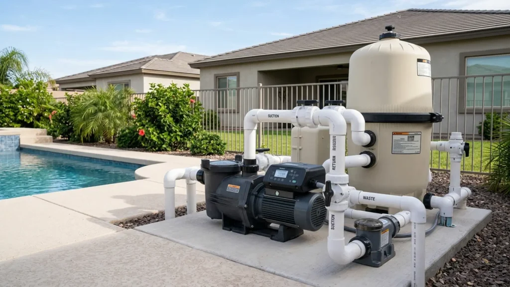 Variable-speed pool pump on the equipment pad that lowers electricity costs