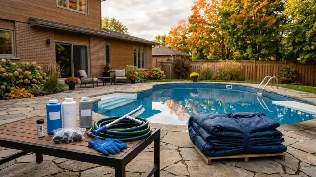 Pool closing supplies laid out beside a backyard inground pool before winterizing.