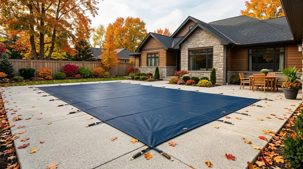 Secure winter pool cover installed over a backyard inground pool.