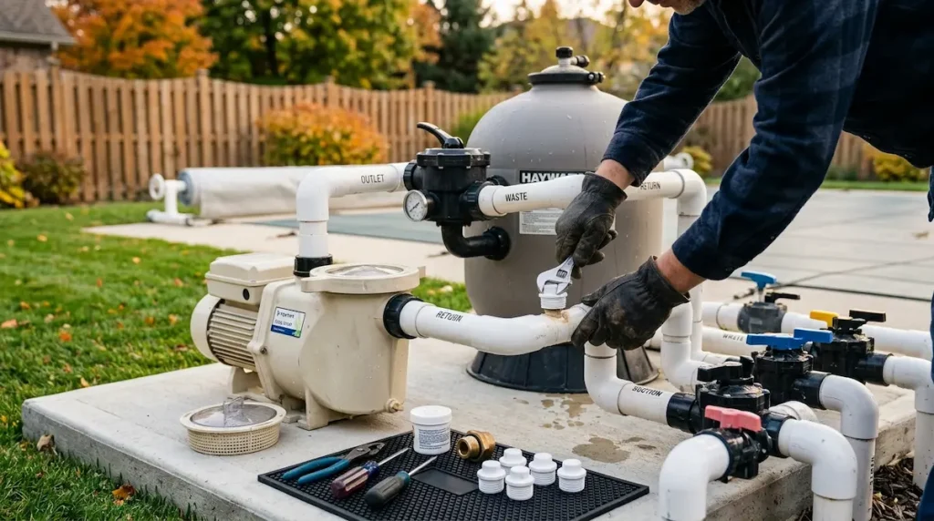 Pool plumbing equipment being prepared for winterizing with plugs and tools nearby.