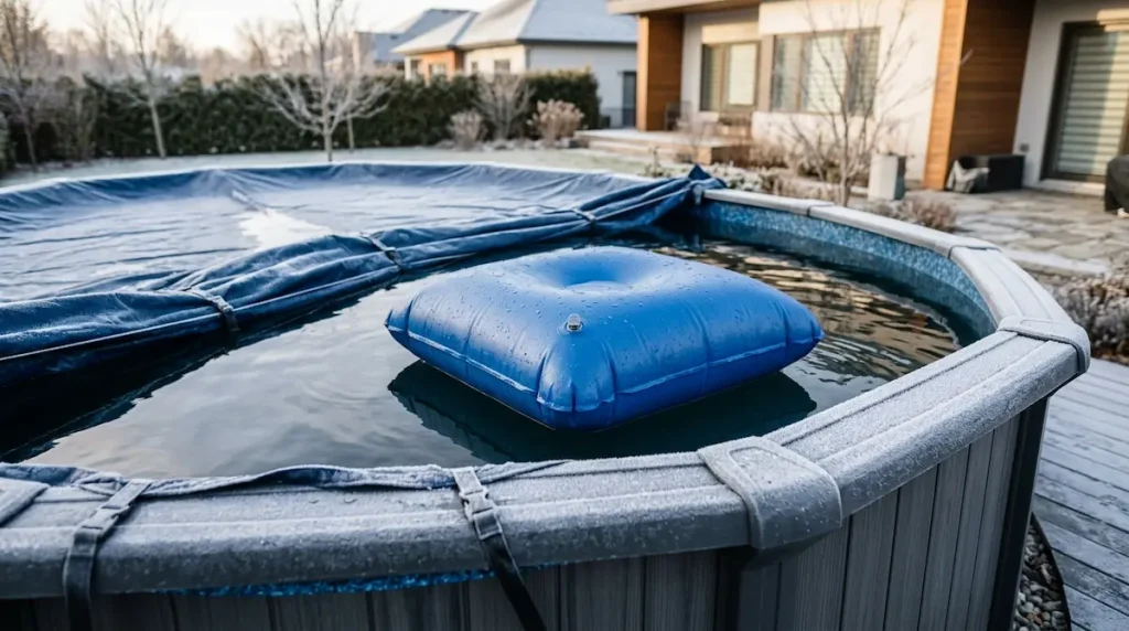 Air pillow floating in the center of an above-ground pool under a winter cover to protect the walls from ice.