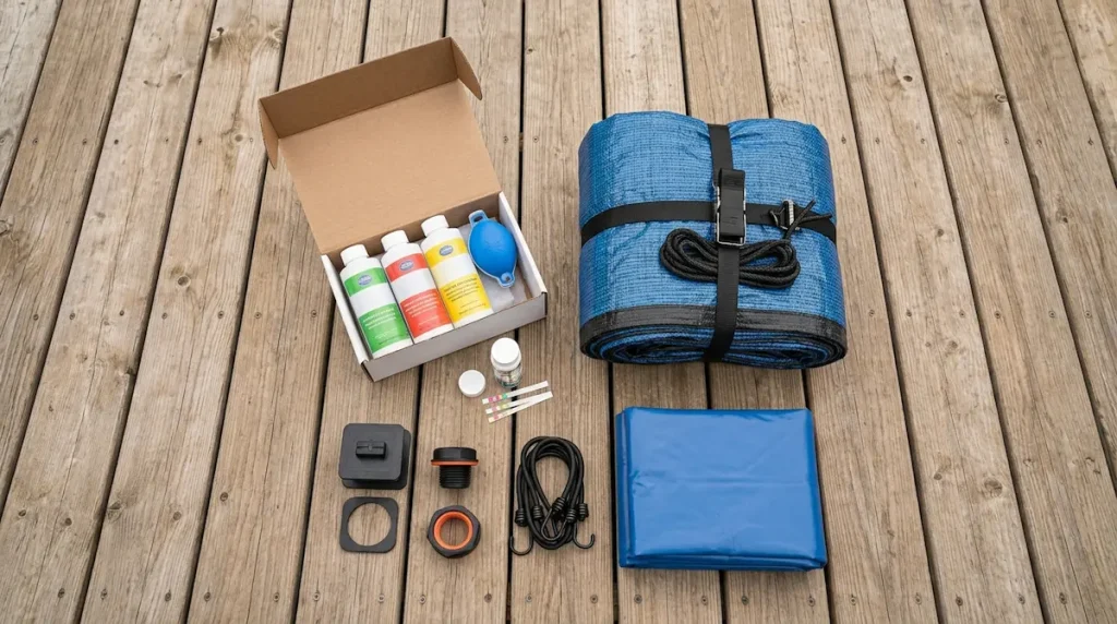 Flat lay of winterizing supplies for an above-ground pool: chemical kit, plugs, air pillow, test strips and cover.