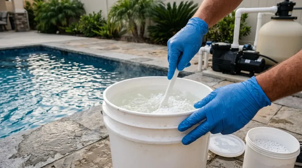 Pre-dissolving calcium chloride in a bucket of pool water before adding it to a swimming pool