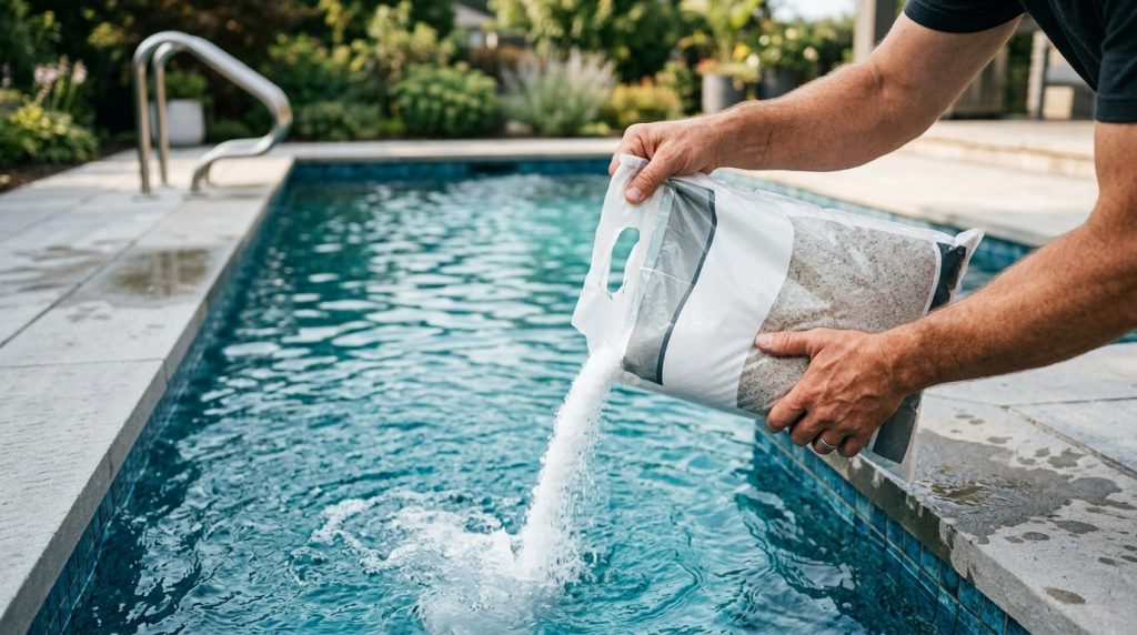 Homeowner pouring pool-grade salt into the deep end while converting a pool to saltwater