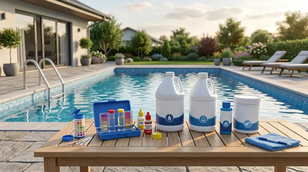 Pool chemicals and test strips laid out for balancing pool water in the correct order