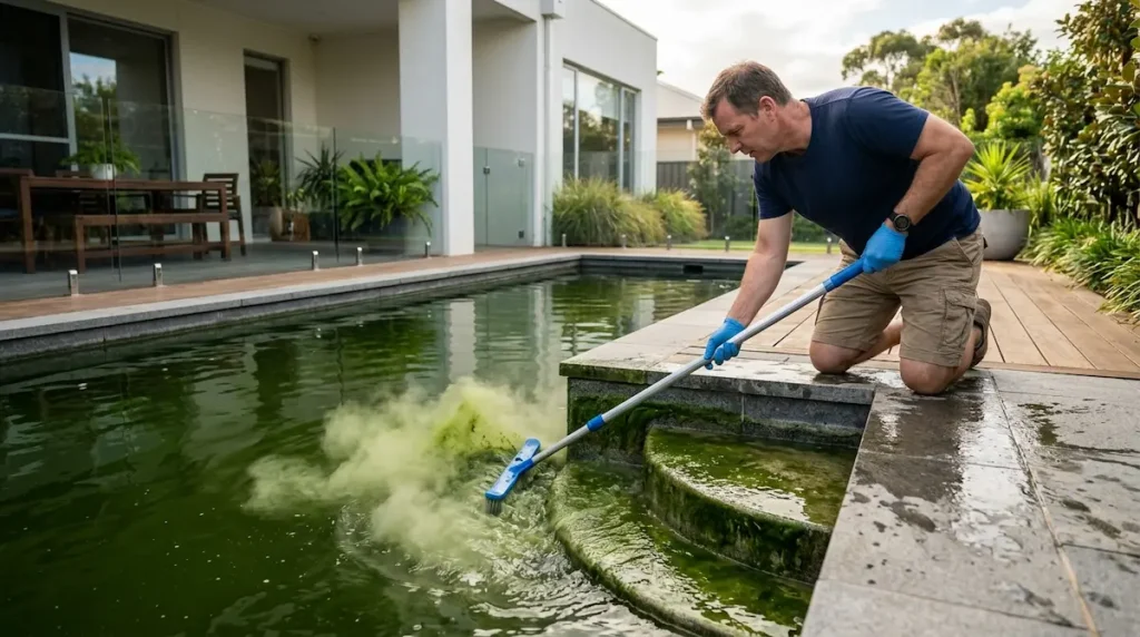 Homeowner brushing the walls of a green pool during algae cleanup