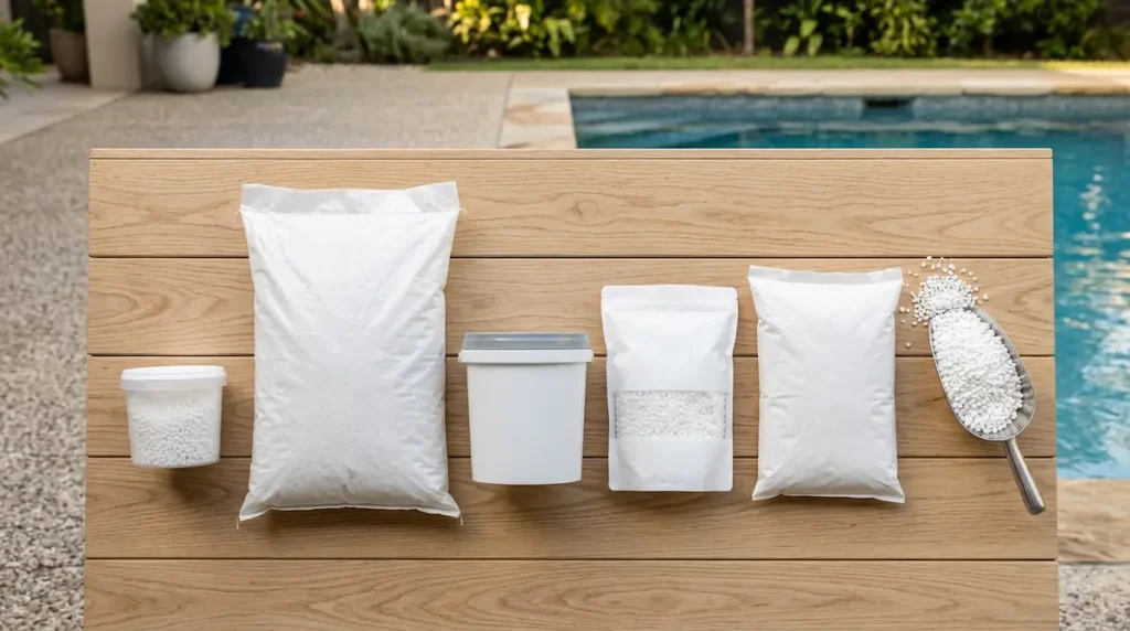 Several calcium chloride pool products lined up to compare calcium hardness increaser options by size and price