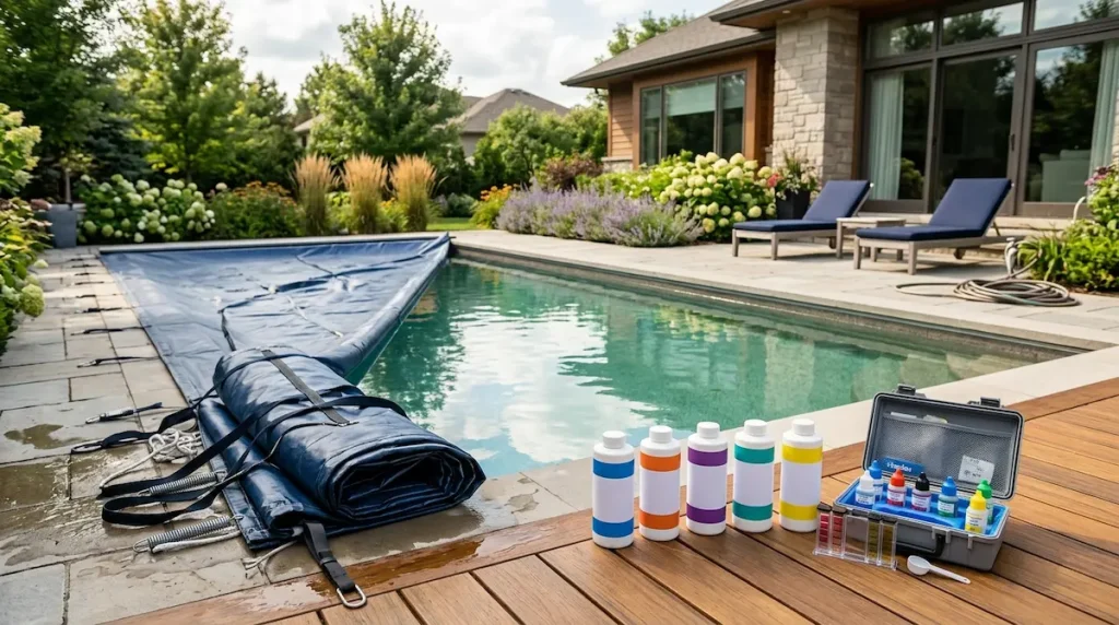 Pool opening day with the chemicals to open a pool lined up beside a clear backyard pool