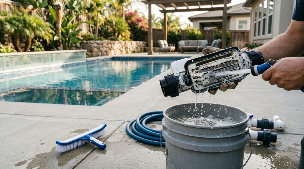 Cleaning calcium buildup off a salt cell as part of routine saltwater pool care after conversion