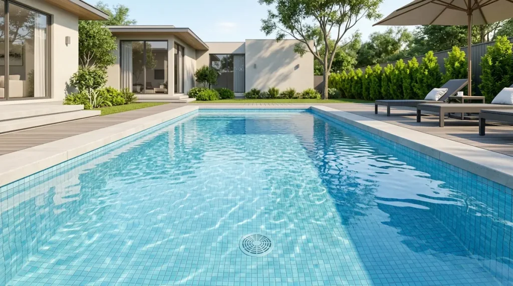 Crystal-clear pool water after clearing cloudiness, main drain visible on the bottom