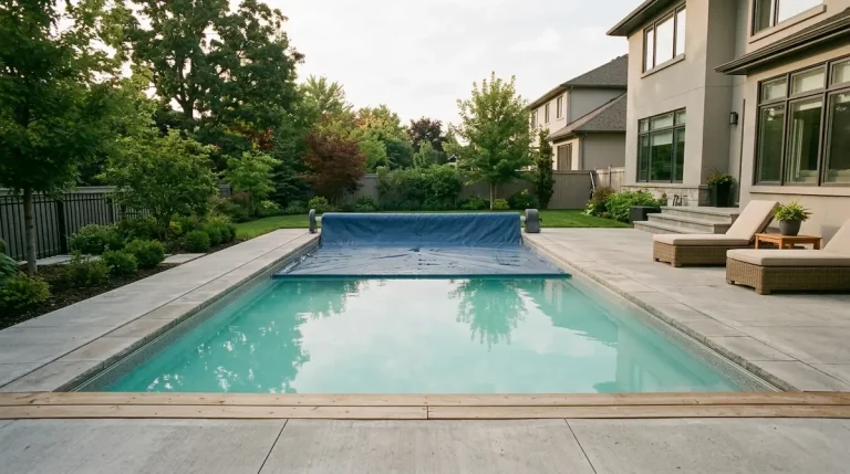 Backyard in-ground pool with cloudy, milky water before treatment