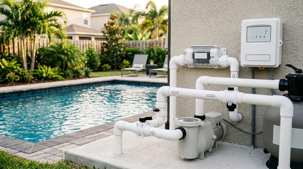 Salt chlorine generator mounted on a backyard pool equipment pad during a saltwater conversion
