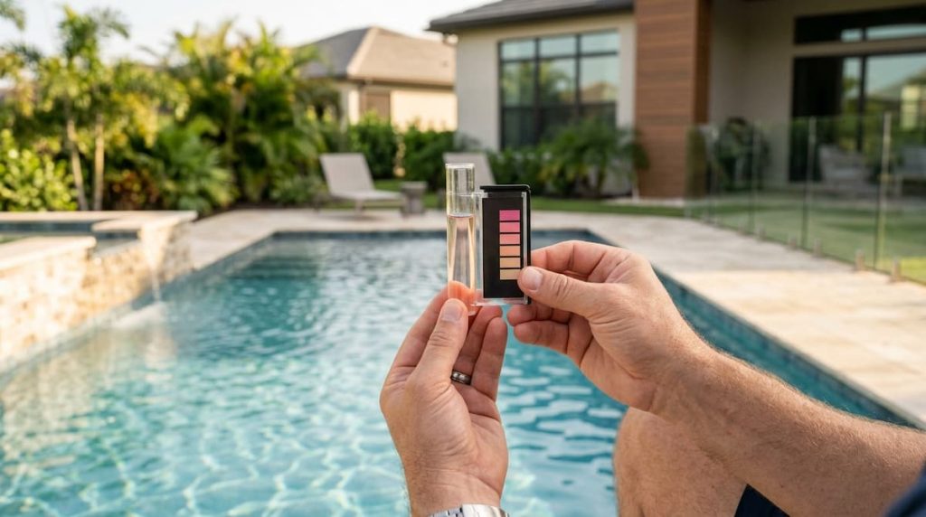 Testing pool water with a kit after raising cyanuric acid to check the new reading