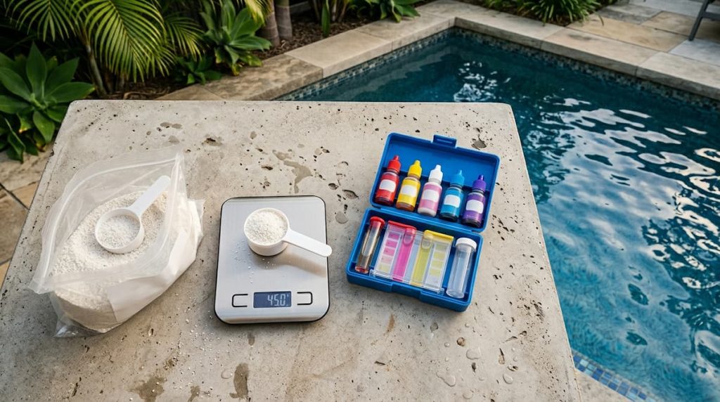 Measuring granular pool stabilizer with a scoop and scale beside a pool test kit