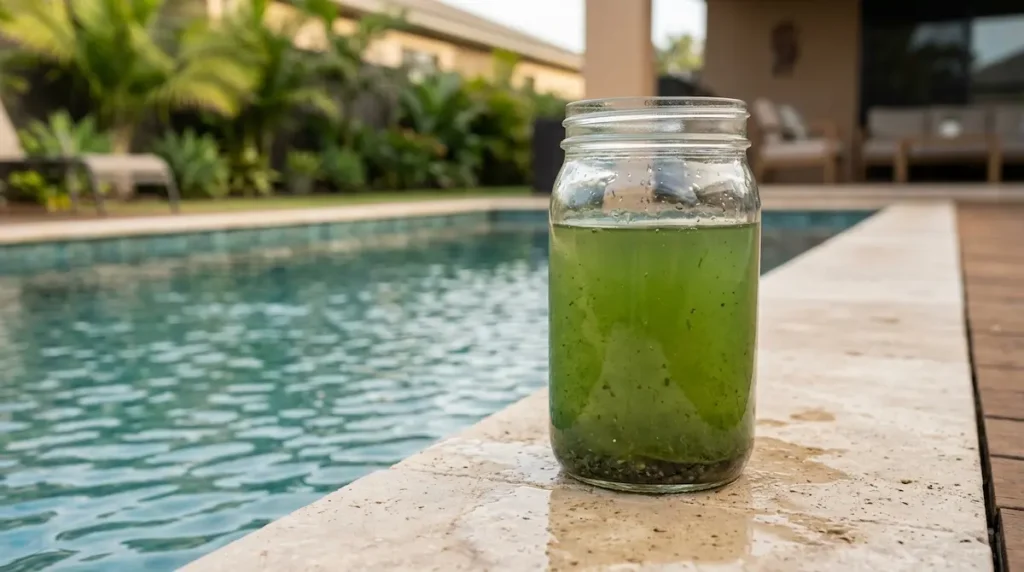 Glass jar of green pool water set aside to test for algae versus pollen