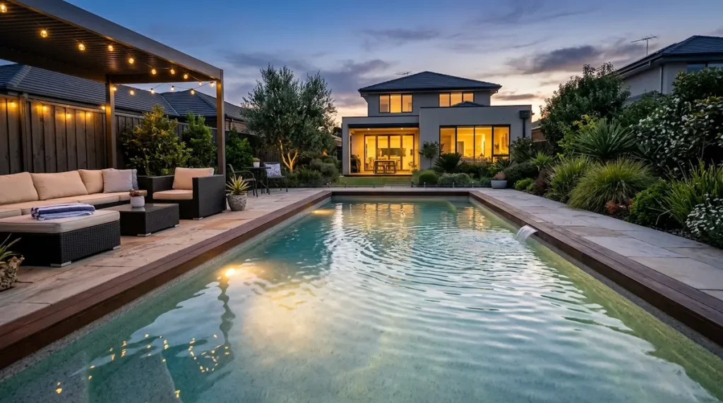 Clear backyard pool at dusk with the pump running after a shock treatment