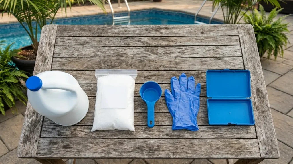 Pool shock products and a test kit laid out on a table beside a residential pool