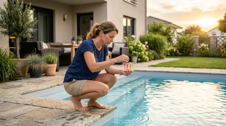 Homeowner testing backyard pool water at dusk before deciding how often to shock the pool