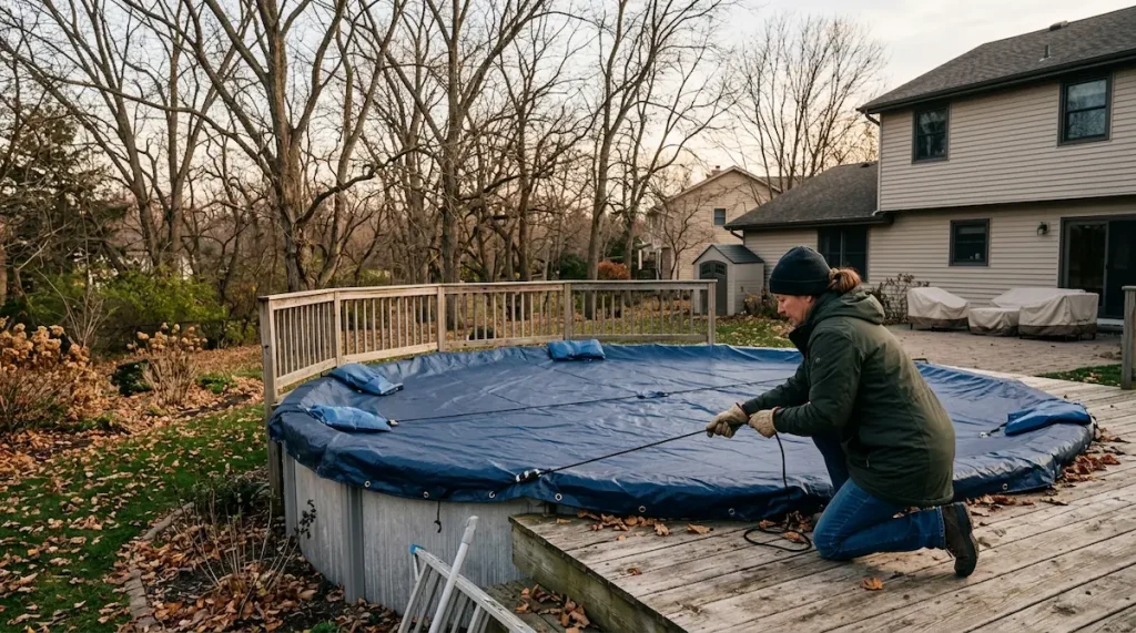 Homeowner pulling a tight winter cover over an above-ground pool while winterizing it for the season.