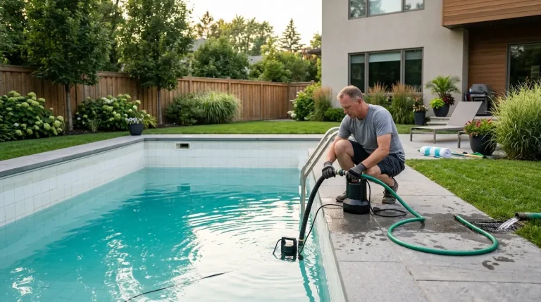 Homeowner partially draining a backyard pool with a pump and hose to lower cyanuric acid