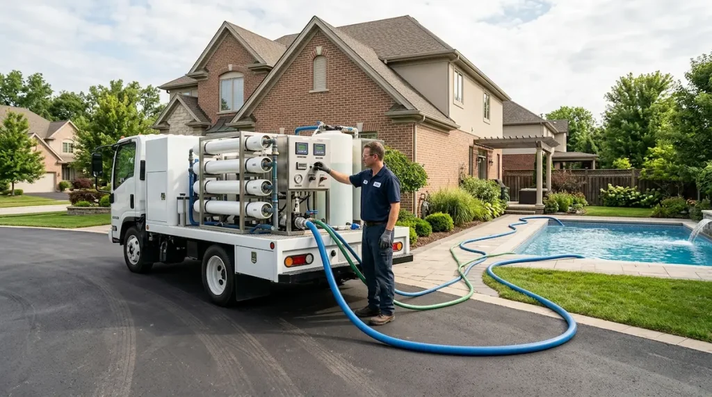 Mobile reverse osmosis truck treating backyard pool water to remove cyanuric acid