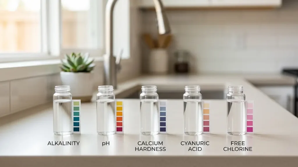 Reference chart of ideal pool opening chemical levels for alkalinity, pH, calcium, cyanuric acid and chlorine