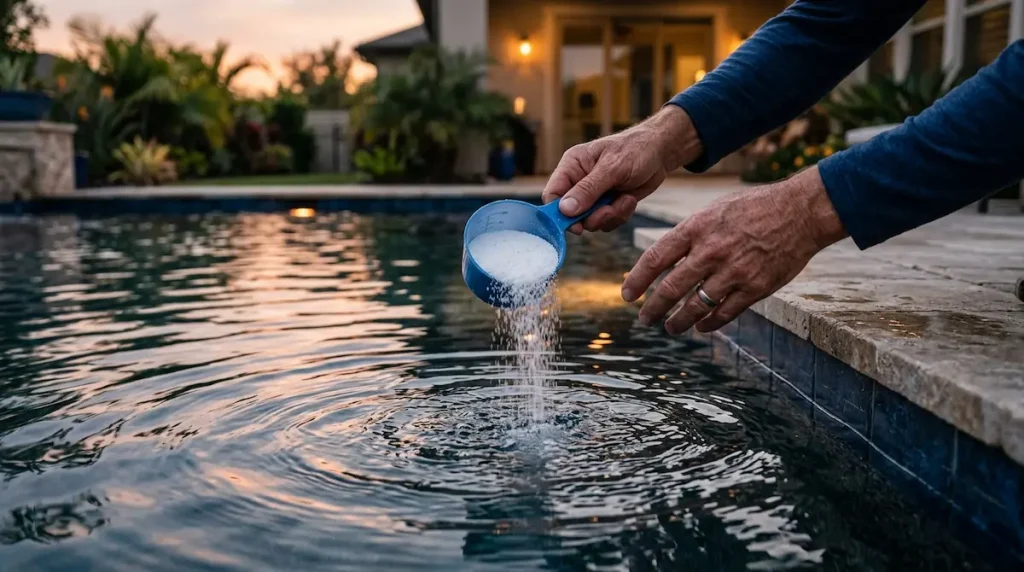 Homeowner adding balancing chemicals to a pool in the correct opening order