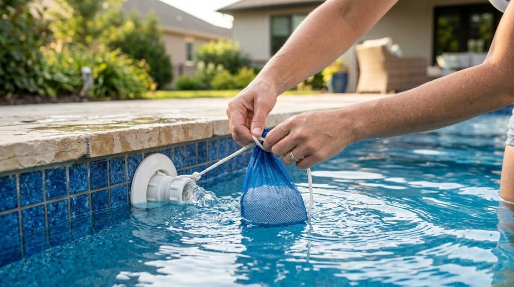 Pool owner adding granular cyanuric acid through a sock at the return jet to raise CYA