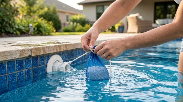 Pool owner adding granular cyanuric acid through a sock at the return jet to raise CYA