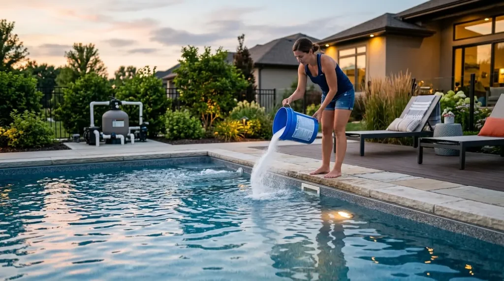 Pouring pool shock into a residential pool at dusk with the pump running overnight